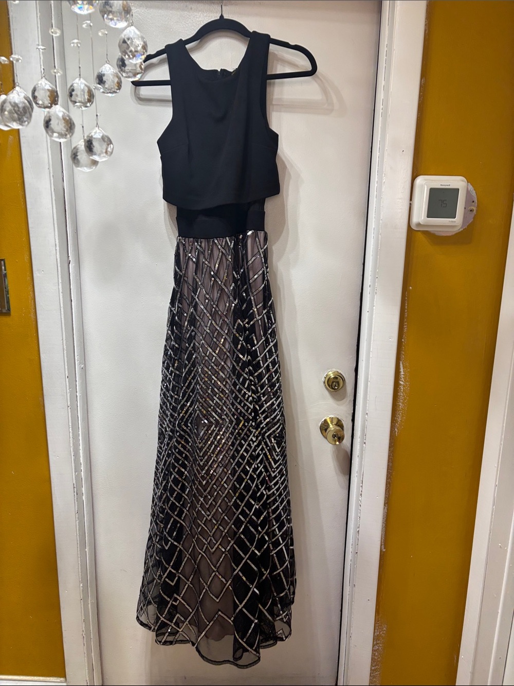 Black Beaded Maxi Skirt with Geo Sequin Pattern
